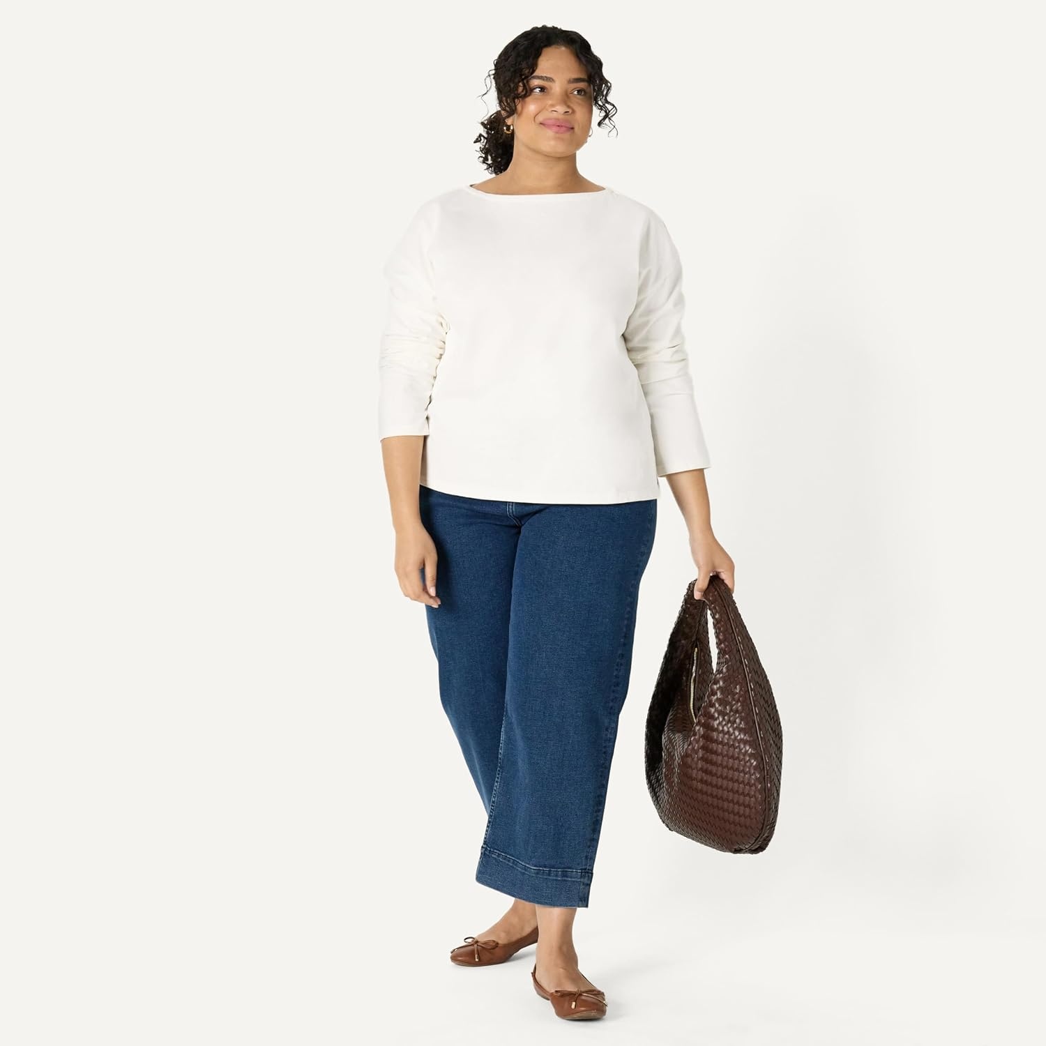 image:imageAmazon Essentials Womens 100 Cotton Heavyweight RelaxedFit LongSleeve Boatneck TopEggshell White