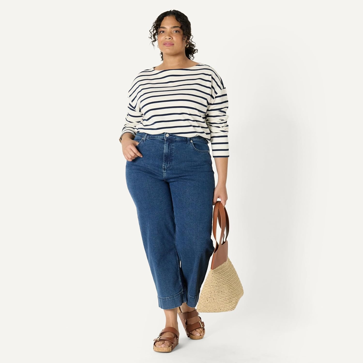 image:imageAmazon Essentials Womens 100 Cotton Heavyweight RelaxedFit LongSleeve Boatneck TopEggshell White Navy Mariner Stripe