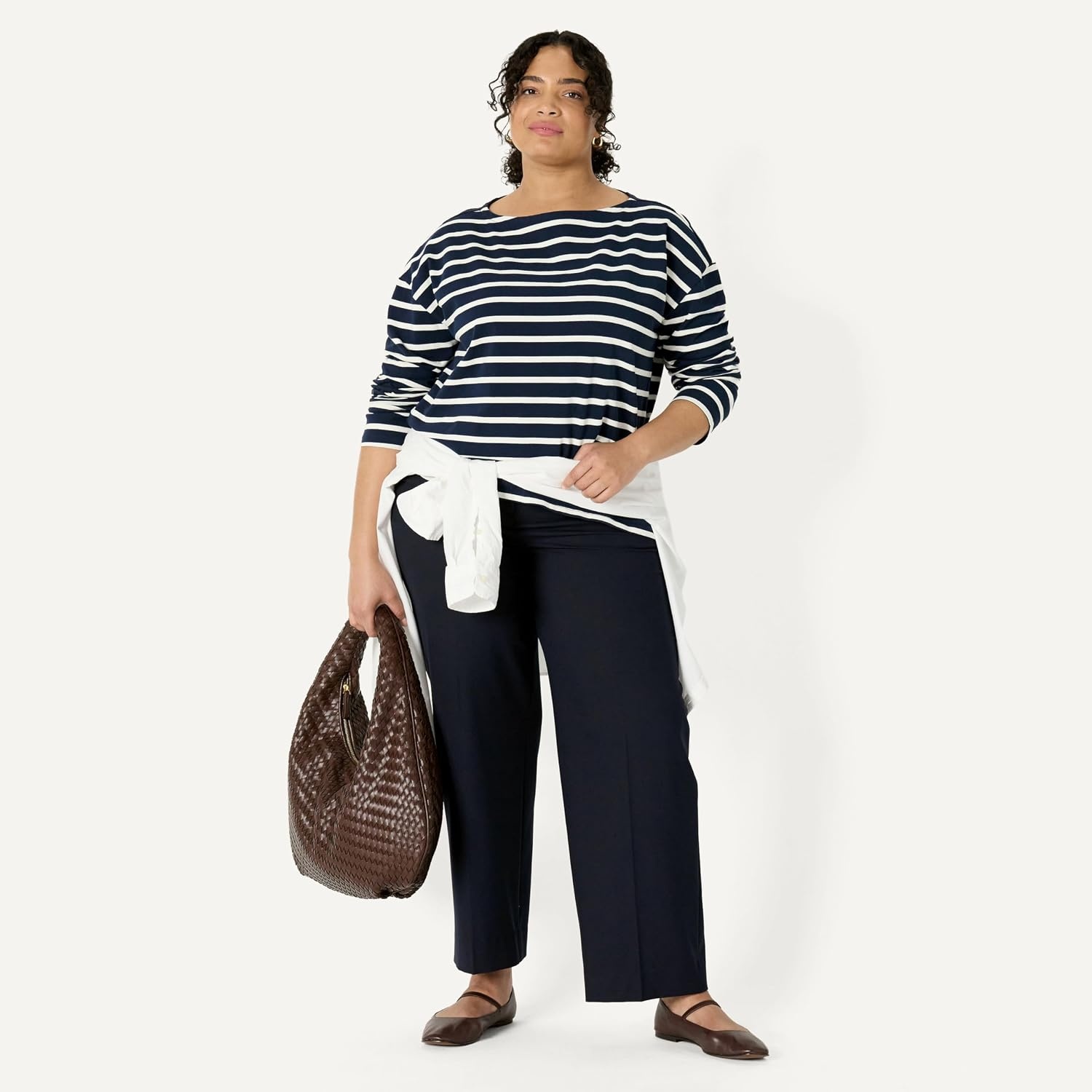 image:imageAmazon Essentials Womens 100 Cotton Heavyweight RelaxedFit LongSleeve Boatneck TopNavy Eggshell White Mariner Stripe