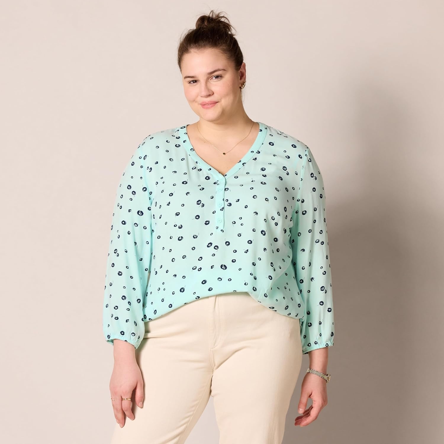image:imageAmazon Essentials Womens 34 Sleeve Button Popover Shirt LooseFit VNeck Blouse LightweightAqua Poppy