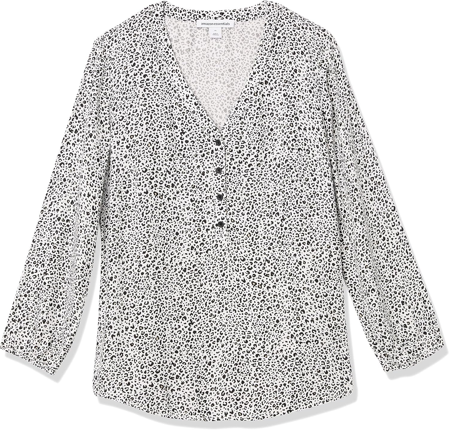image:imageAmazon Essentials Womens 34 Sleeve Button Popover Shirt LooseFit VNeck Blouse LightweightMini Leopard