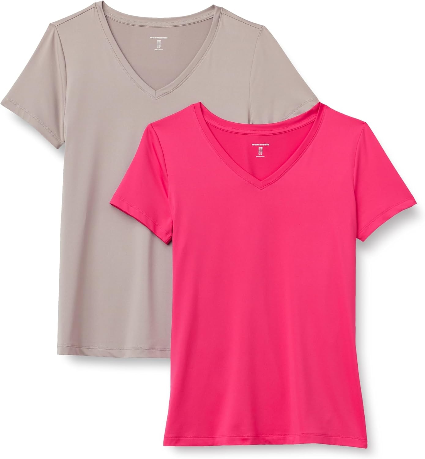 image:imageAmazon Essentials Womens Active Quick Dry Tech Stretch ShortSleeve VNeck TShirt MoistureWicking Pack of 2Beige Hot Pink