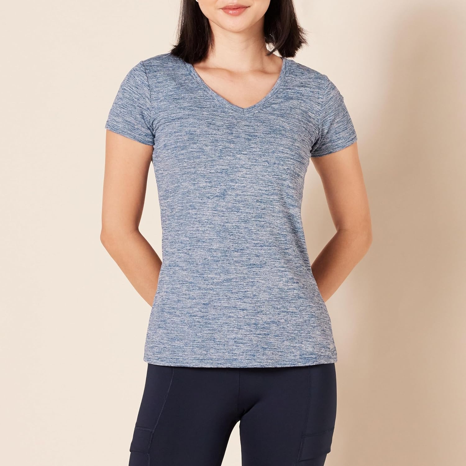 image:imageAmazon Essentials Womens Active Quick Dry Tech Stretch ShortSleeve VNeck TShirt MoistureWicking Pack of 2Black HeatherNavy Heather
