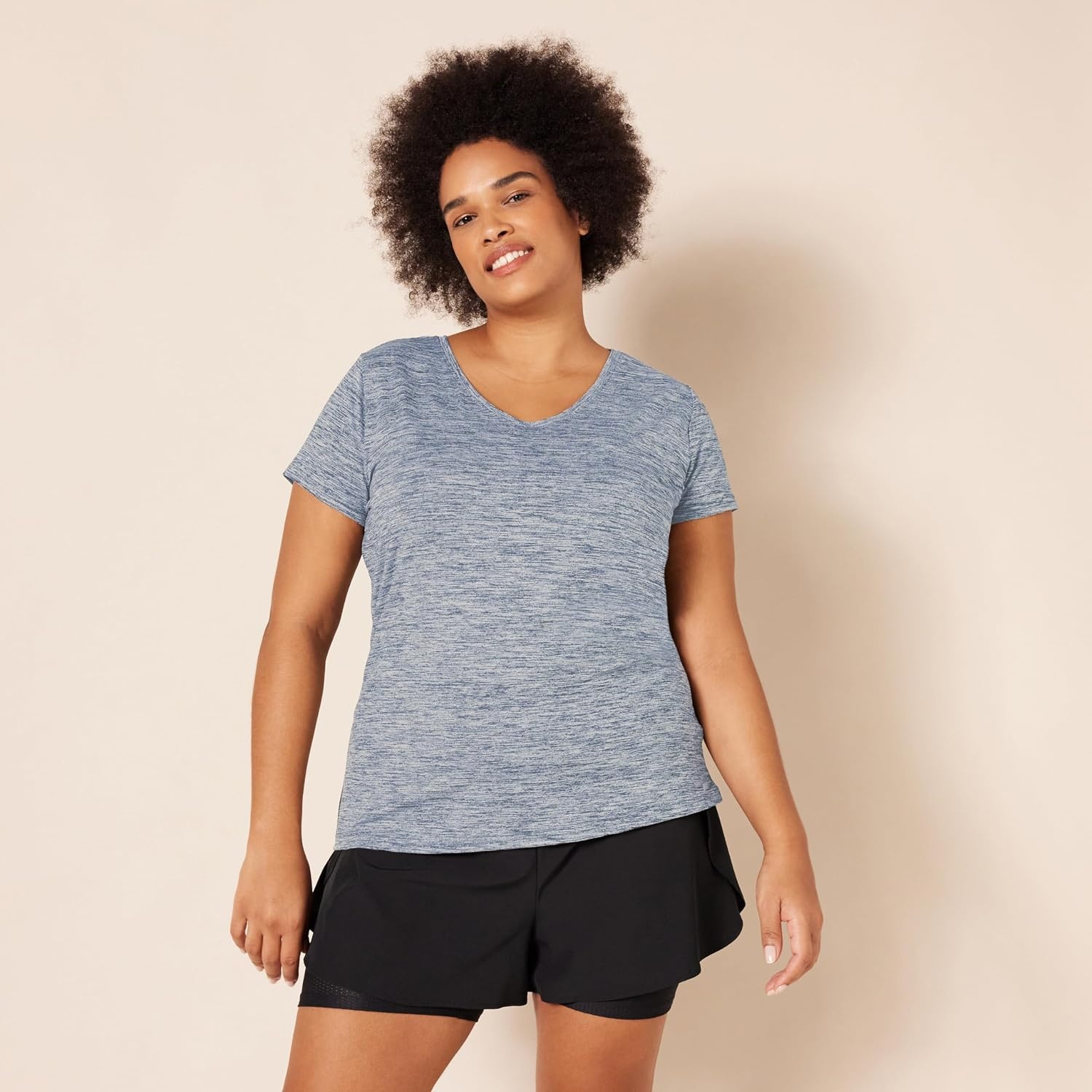 image:imageAmazon Essentials Womens Active Quick Dry Tech Stretch ShortSleeve VNeck TShirt MoistureWicking Pack of 2Black HeatherNavy Heather