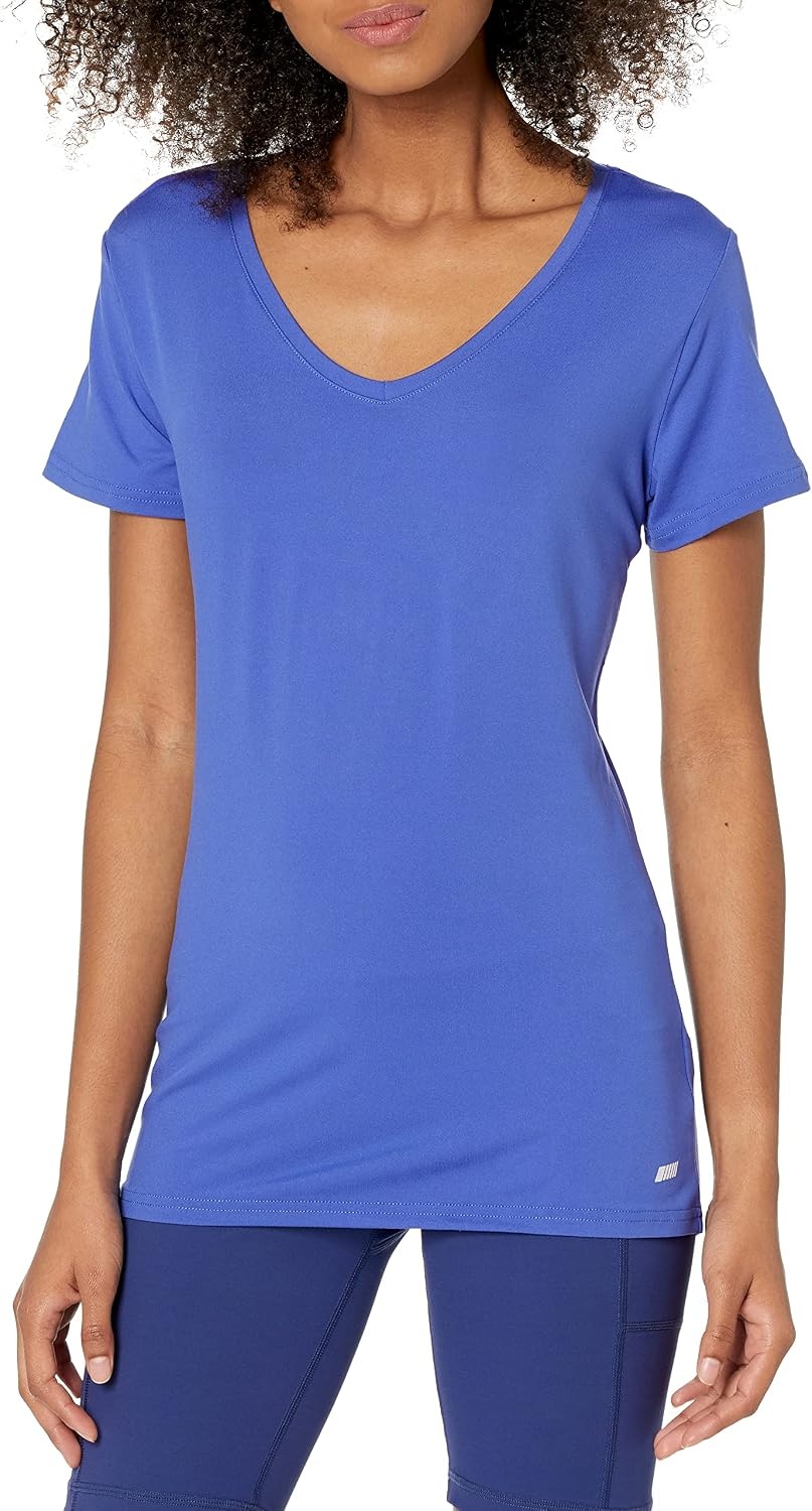 image:imageAmazon Essentials Womens Active Quick Dry Tech Stretch ShortSleeve VNeck TShirt MoistureWicking Pack of 2BlackBright Blue