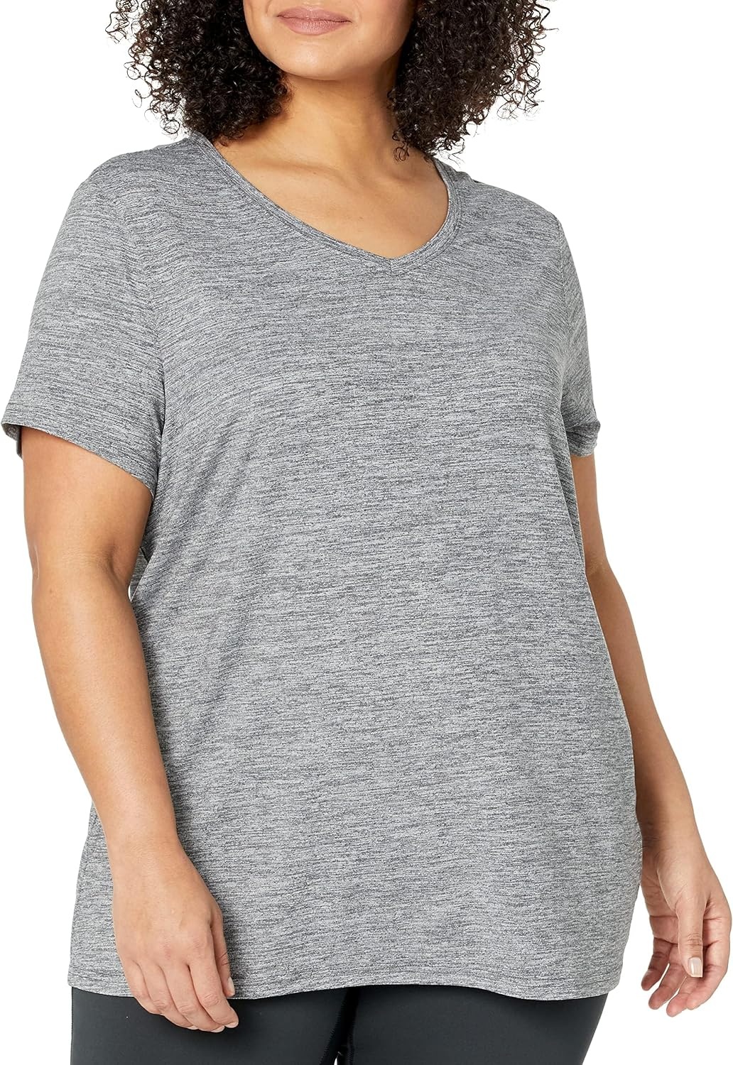 image:imageAmazon Essentials Womens Active Quick Dry Tech Stretch ShortSleeve VNeck TShirt MoistureWicking Pack of 2BlackDark Grey Space Dye