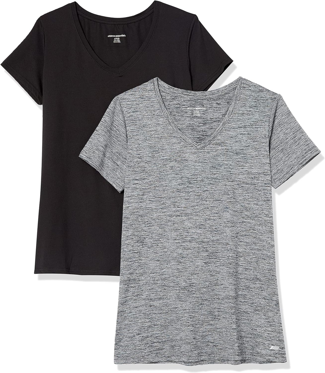 image:imageAmazon Essentials Womens Active Quick Dry Tech Stretch ShortSleeve VNeck TShirt MoistureWicking Pack of 2BlackDark Grey Space Dye