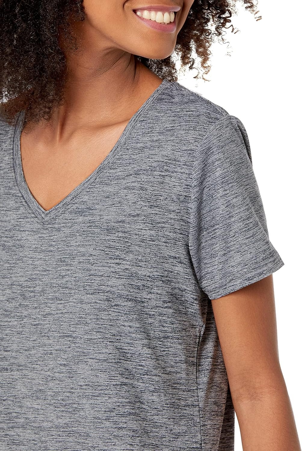 image:imageAmazon Essentials Womens Active Quick Dry Tech Stretch ShortSleeve VNeck TShirt MoistureWicking Pack of 2BlackDark Grey Space Dye