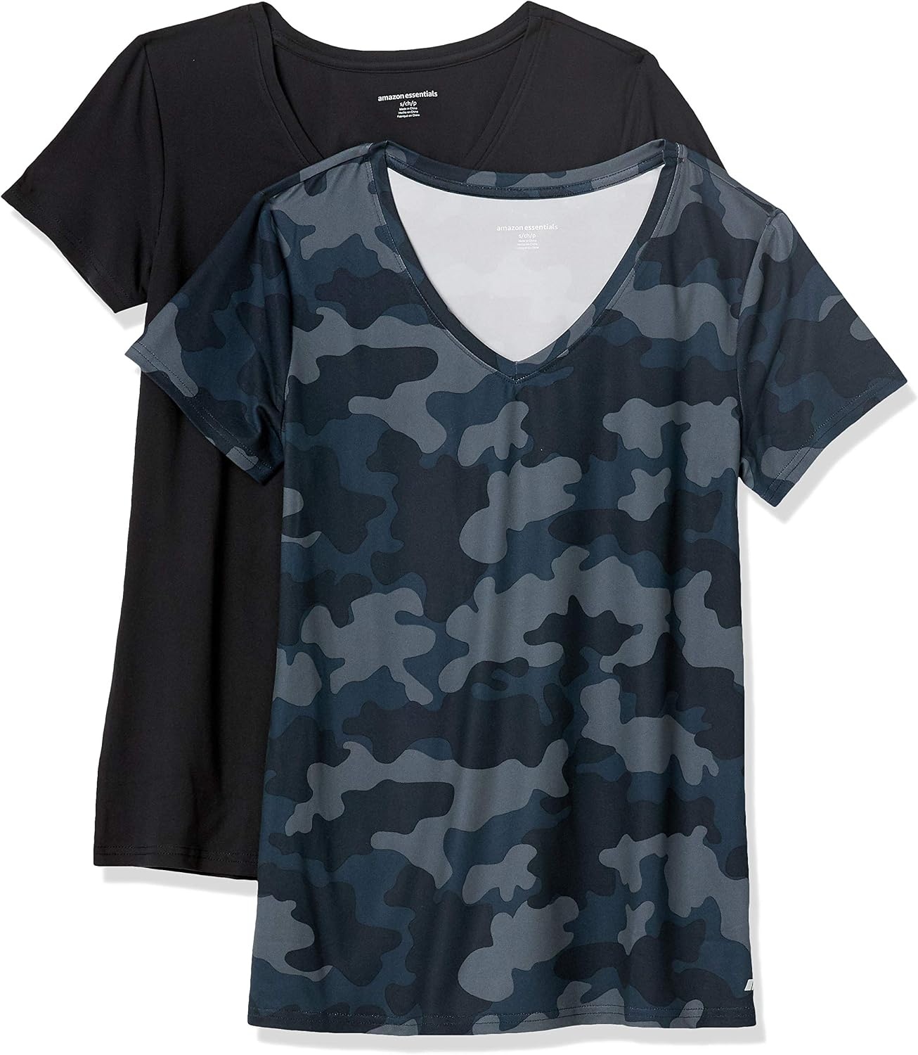 image:imageAmazon Essentials Womens Active Quick Dry Tech Stretch ShortSleeve VNeck TShirt MoistureWicking Pack of 2BlackNavy Camo
