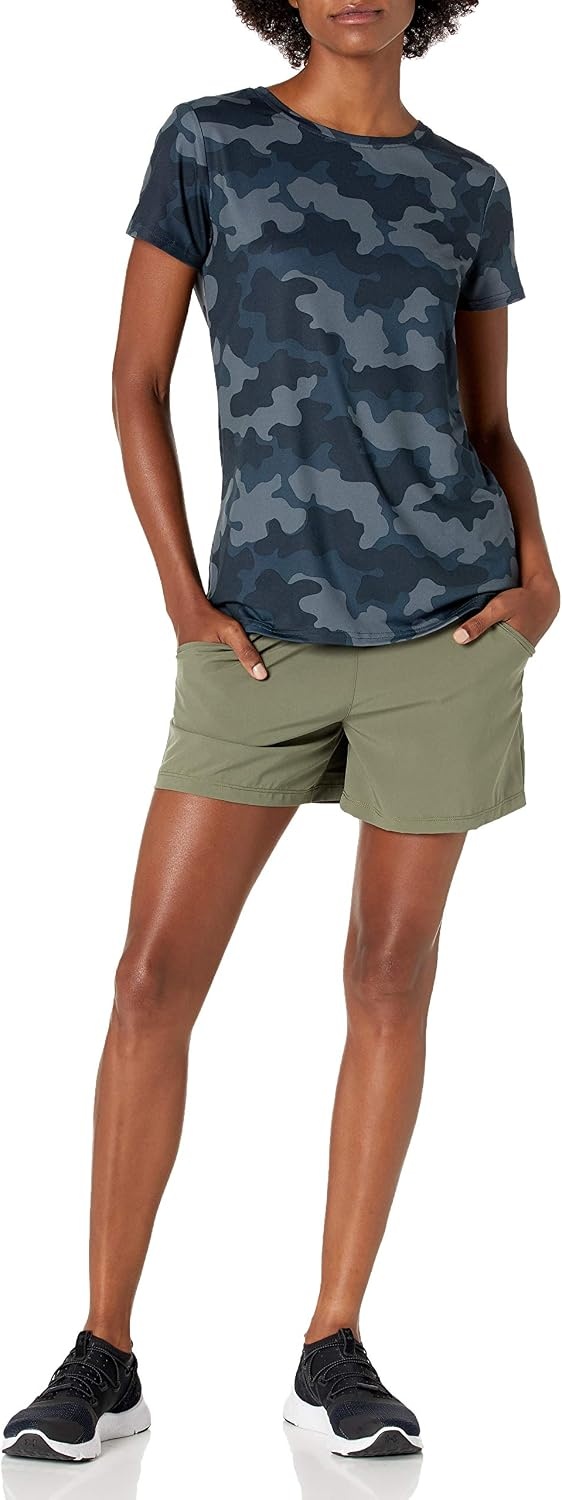 image:imageAmazon Essentials Womens Active Quick Dry Tech Stretch ShortSleeve VNeck TShirt MoistureWicking Pack of 2BlackNavy Camo