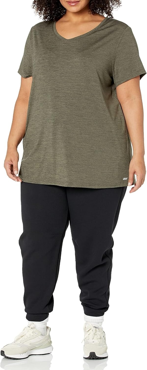 image:imageAmazon Essentials Womens Active Quick Dry Tech Stretch ShortSleeve VNeck TShirt MoistureWicking Pack of 2BlackOlive Space Dye