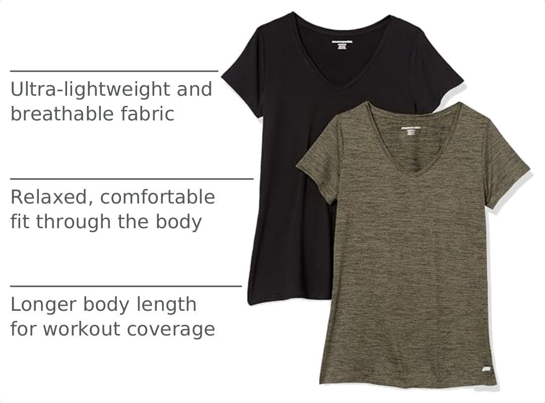 image:imageAmazon Essentials Womens Active Quick Dry Tech Stretch ShortSleeve VNeck TShirt MoistureWicking Pack of 2BlackOlive Space Dye