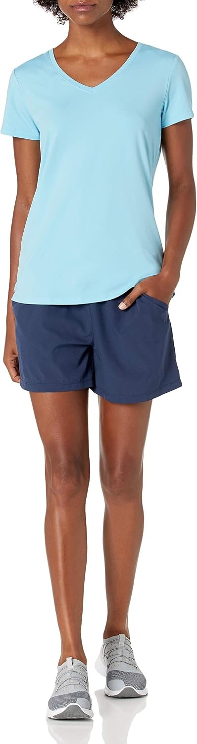 image:imageAmazon Essentials Womens Active Quick Dry Tech Stretch ShortSleeve VNeck TShirt MoistureWicking Pack of 2BlueNeon Pink