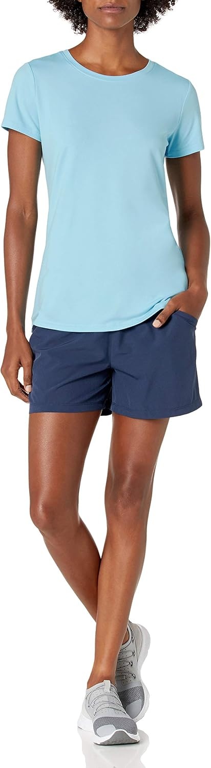image:imageAmazon Essentials Womens Active Quick Dry Tech Stretch ShortSleeve VNeck TShirt MoistureWicking Pack of 2BlueNeon Pink