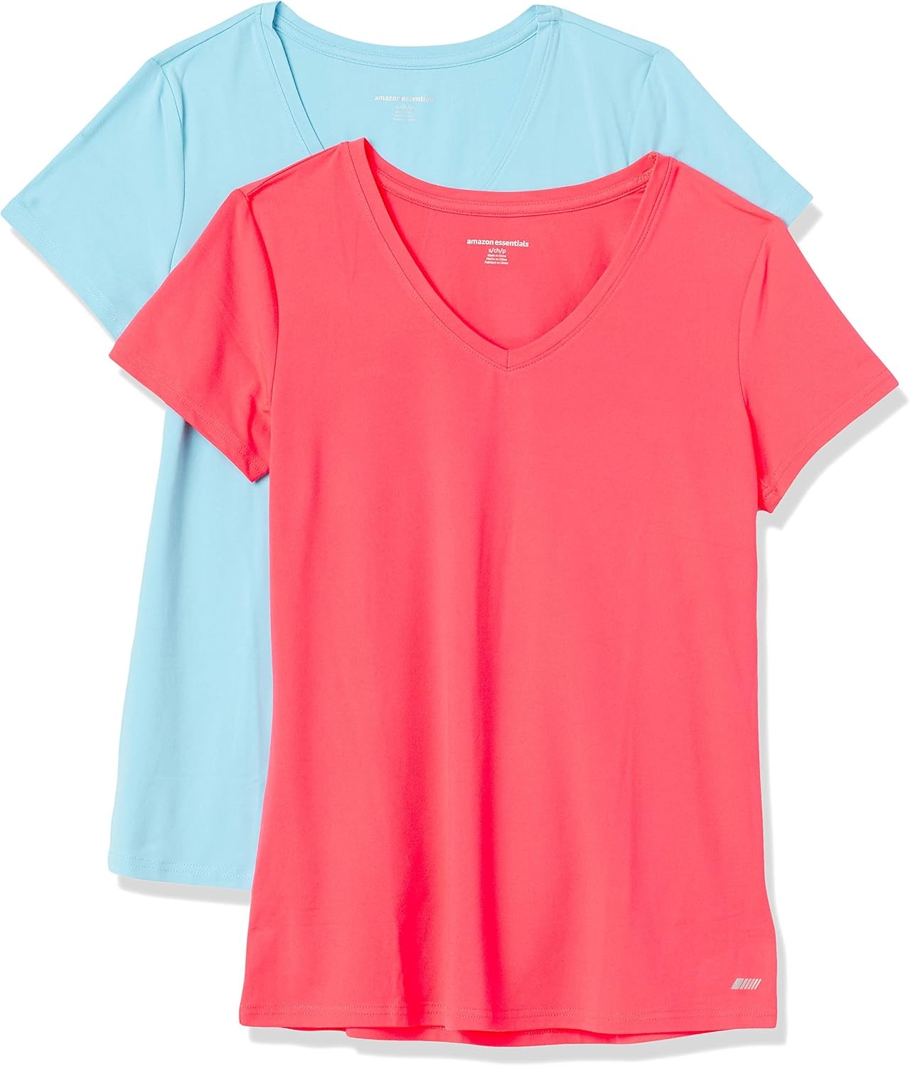 image:imageAmazon Essentials Womens Active Quick Dry Tech Stretch ShortSleeve VNeck TShirt MoistureWicking Pack of 2BlueNeon Pink