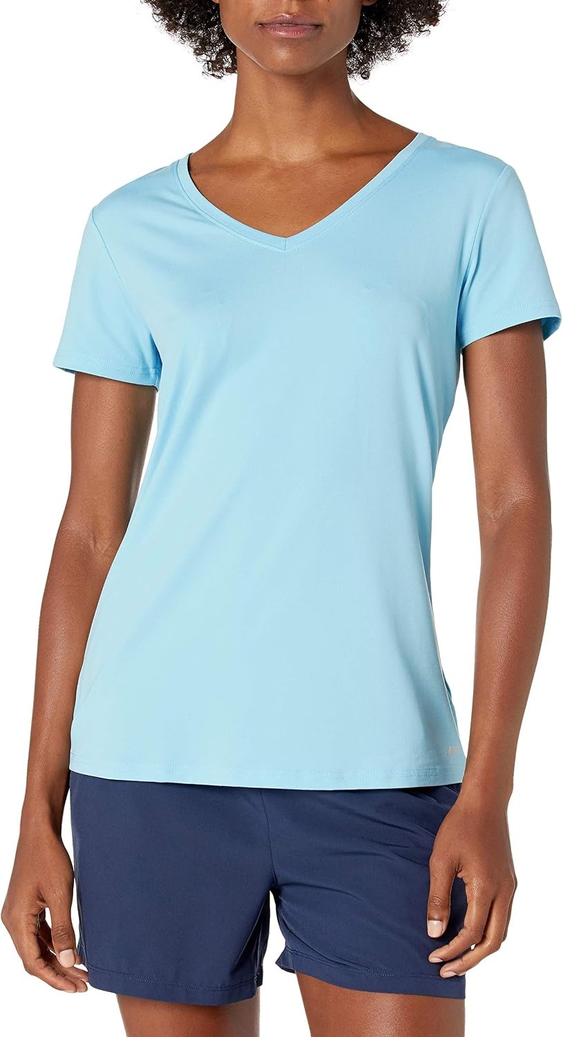 image:imageAmazon Essentials Womens Active Quick Dry Tech Stretch ShortSleeve VNeck TShirt MoistureWicking Pack of 2BlueNeon Pink