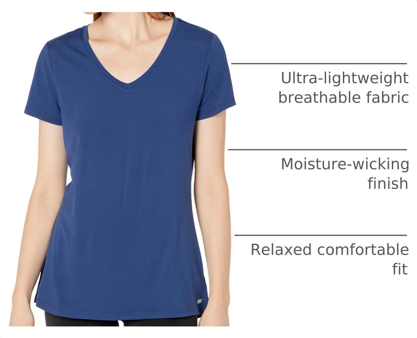 image:imageAmazon Essentials Womens Active Quick Dry Tech Stretch ShortSleeve VNeck TShirt MoistureWicking Pack of 2BlueTeal Green Space Dye