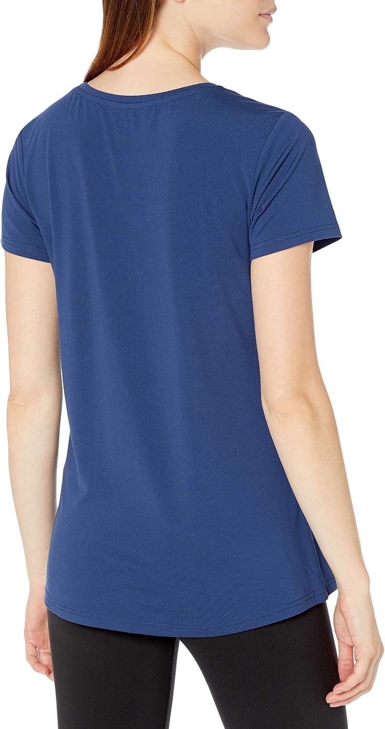 image:imageAmazon Essentials Womens Active Quick Dry Tech Stretch ShortSleeve VNeck TShirt MoistureWicking Pack of 2BlueTeal Green Space Dye