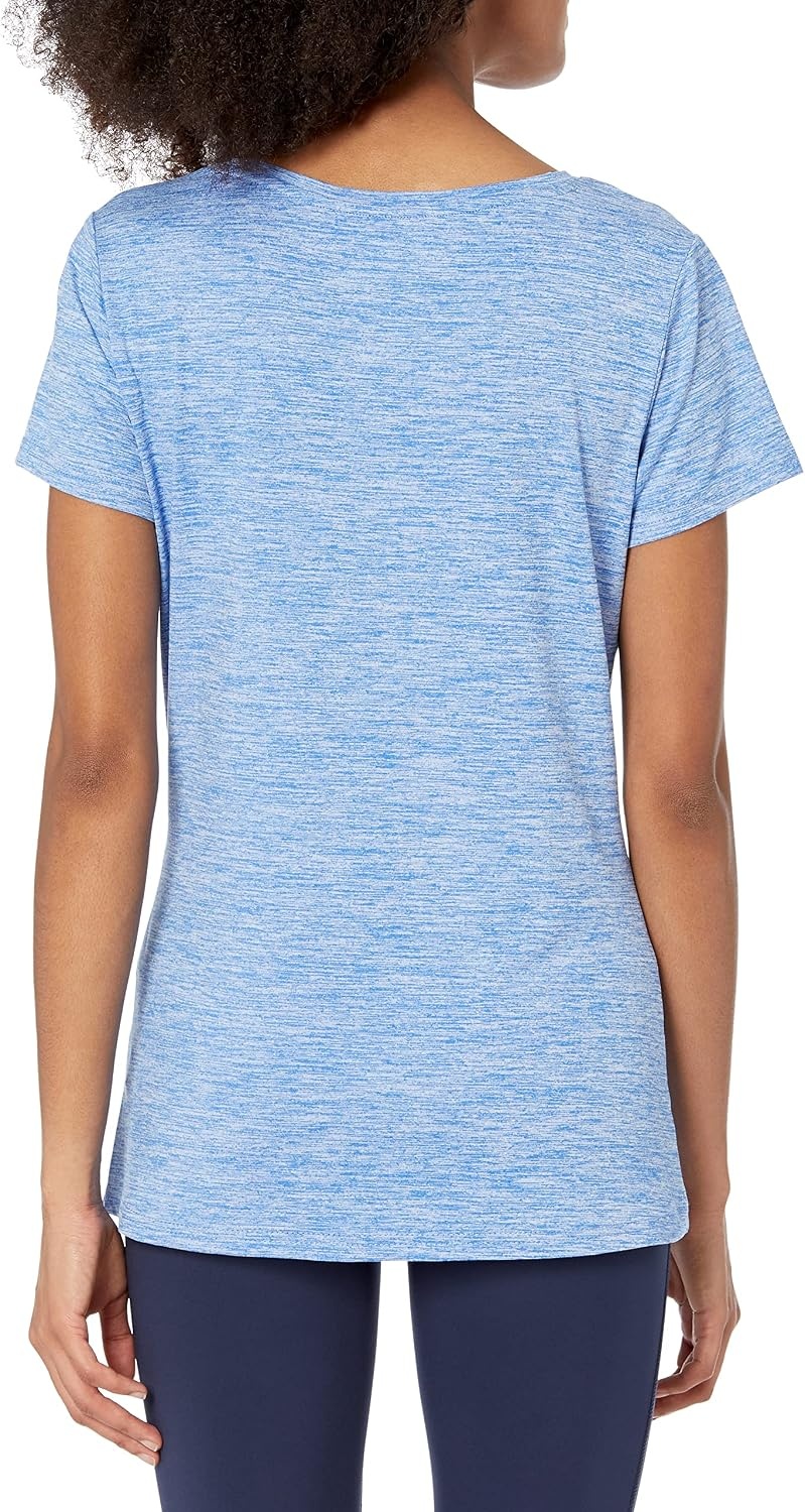 image:imageAmazon Essentials Womens Active Quick Dry Tech Stretch ShortSleeve VNeck TShirt MoistureWicking Pack of 2Coral Orange Space DyeLight Blue Space Dye