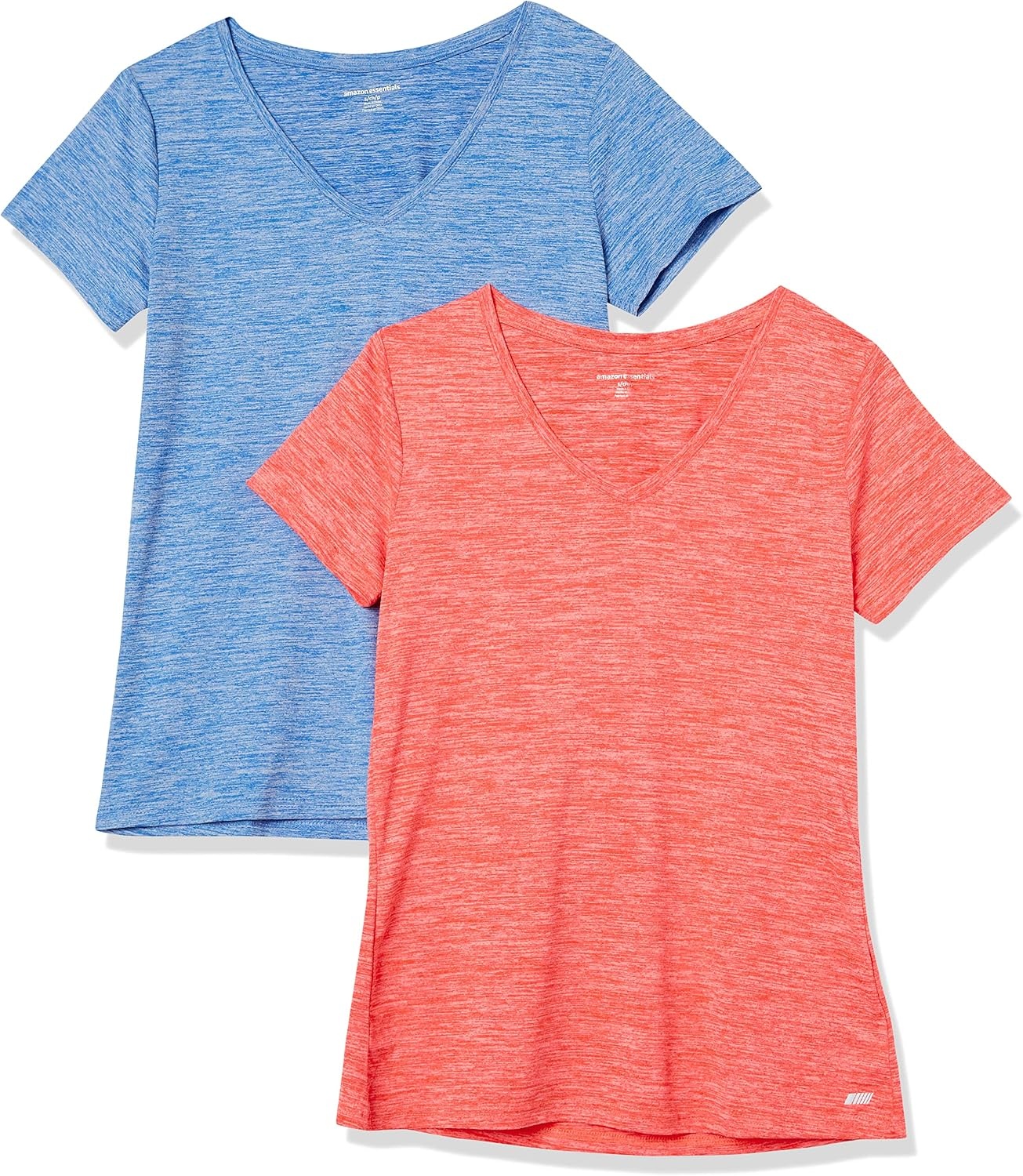 image:imageAmazon Essentials Womens Active Quick Dry Tech Stretch ShortSleeve VNeck TShirt MoistureWicking Pack of 2Coral Orange Space DyeLight Blue Space Dye
