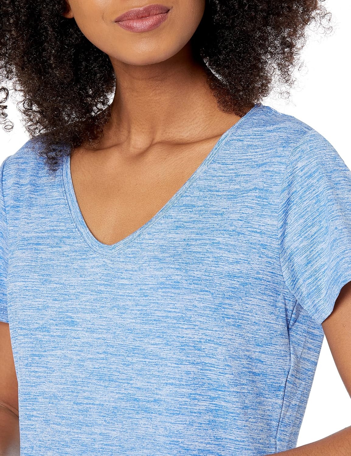 image:imageAmazon Essentials Womens Active Quick Dry Tech Stretch ShortSleeve VNeck TShirt MoistureWicking Pack of 2Coral Orange Space DyeLight Blue Space Dye