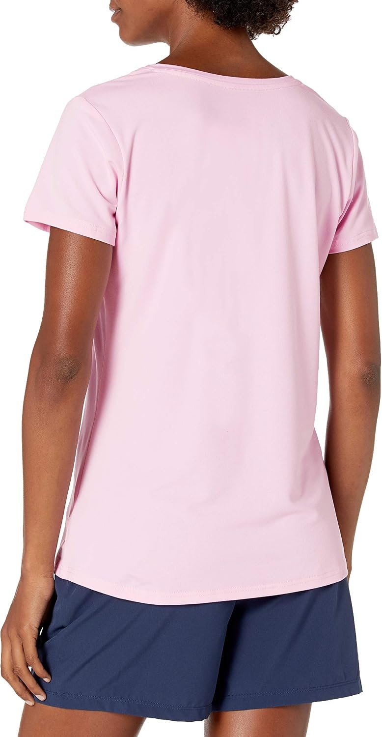 image:imageAmazon Essentials Womens Active Quick Dry Tech Stretch ShortSleeve VNeck TShirt MoistureWicking Pack of 2Grey Space DyeLight Pink