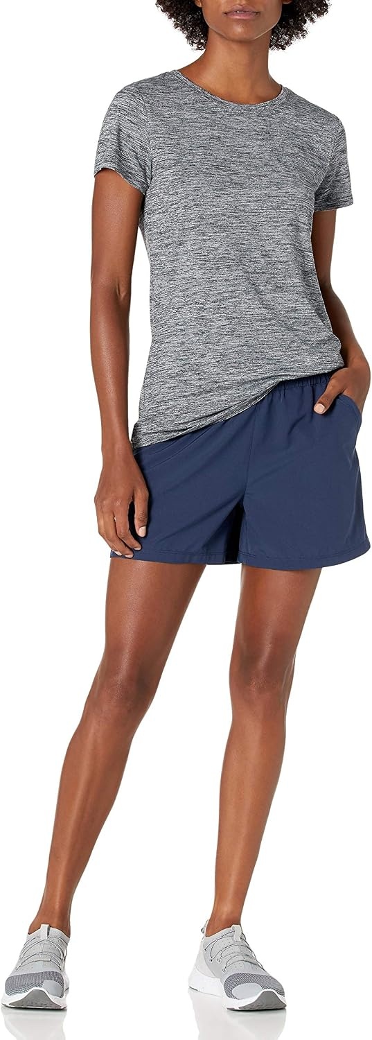 image:imageAmazon Essentials Womens Active Quick Dry Tech Stretch ShortSleeve VNeck TShirt MoistureWicking Pack of 2Grey Space DyeLight Pink