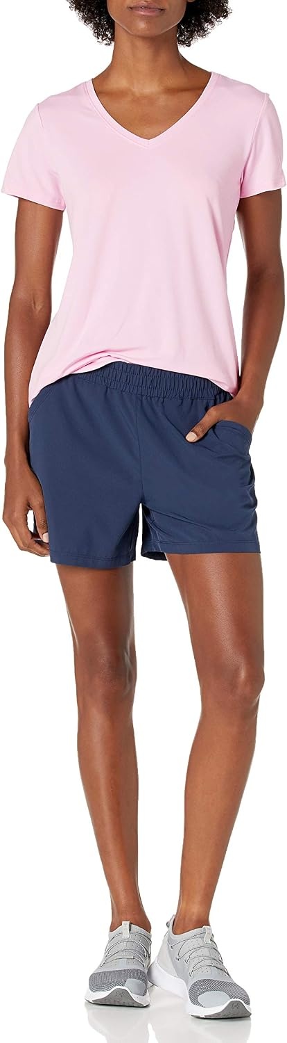 image:imageAmazon Essentials Womens Active Quick Dry Tech Stretch ShortSleeve VNeck TShirt MoistureWicking Pack of 2Grey Space DyeLight Pink