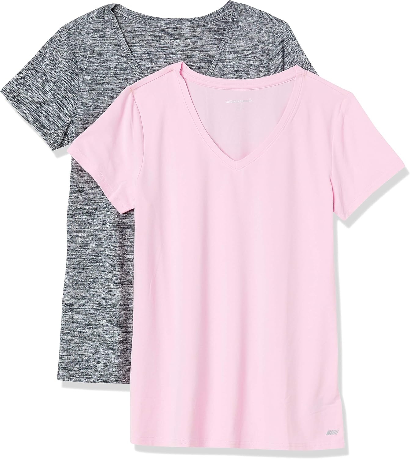 image:imageAmazon Essentials Womens Active Quick Dry Tech Stretch ShortSleeve VNeck TShirt MoistureWicking Pack of 2Grey Space DyeLight Pink