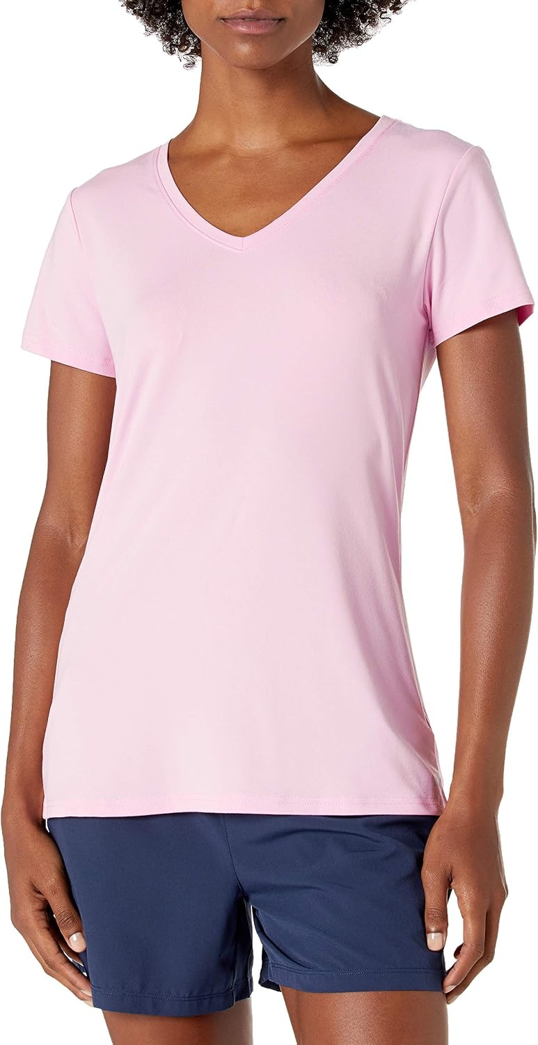 image:imageAmazon Essentials Womens Active Quick Dry Tech Stretch ShortSleeve VNeck TShirt MoistureWicking Pack of 2Grey Space DyeLight Pink
