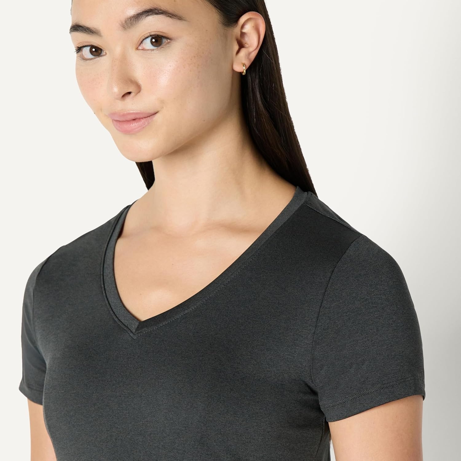 image:imageAmazon Essentials Womens Active Quick Dry Tech Stretch ShortSleeve VNeck TShirt MoistureWicking Pack of 2Heather Graphite Black