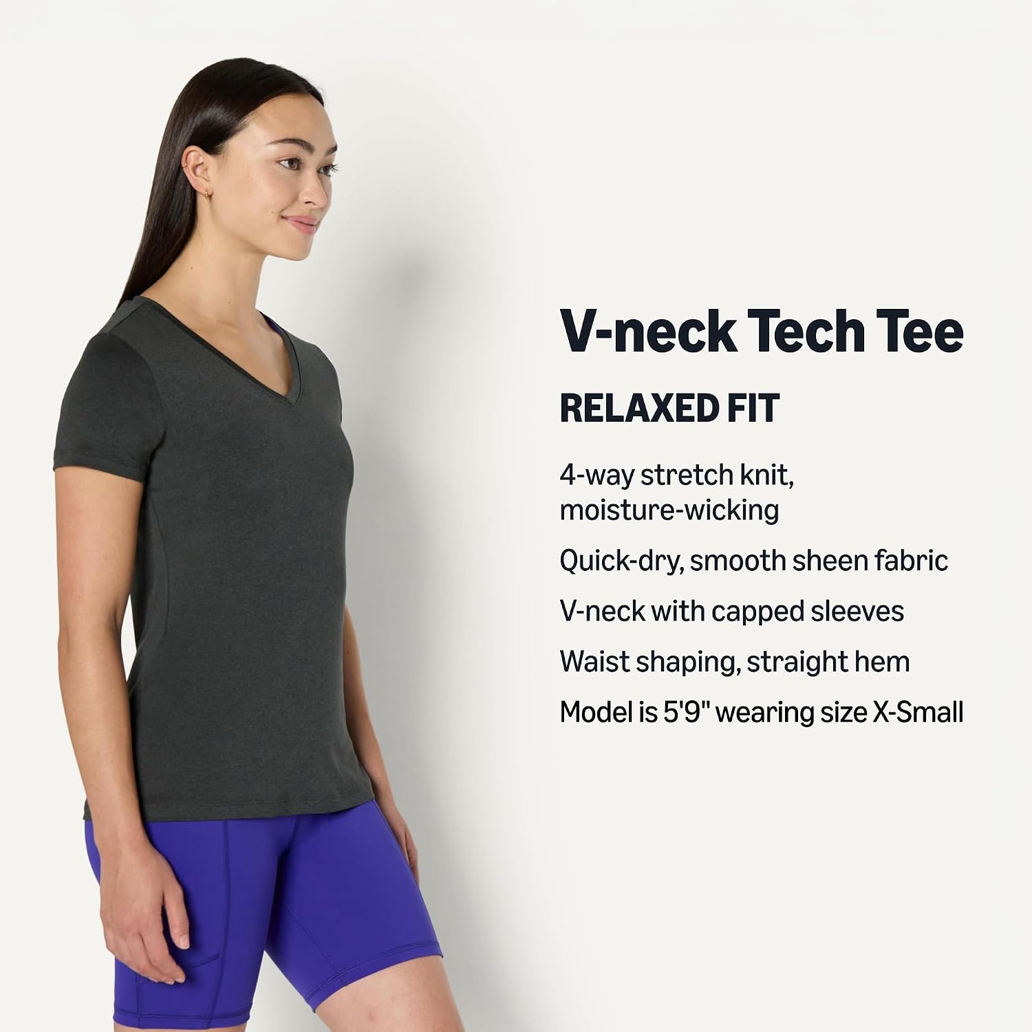 image:imageAmazon Essentials Womens Active Quick Dry Tech Stretch ShortSleeve VNeck TShirt MoistureWicking Pack of 2Heather Graphite Black