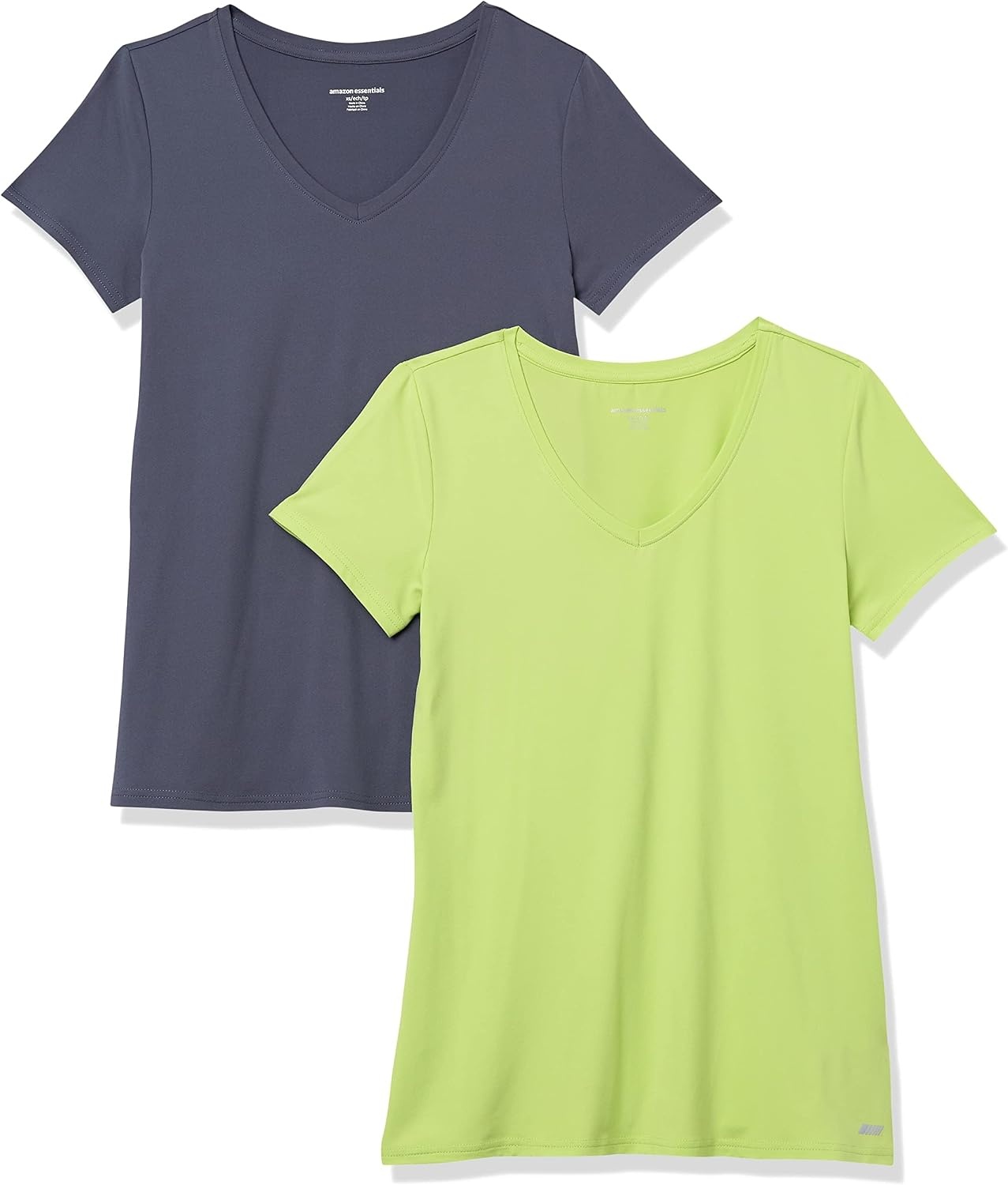 image:imageAmazon Essentials Womens Active Quick Dry Tech Stretch ShortSleeve VNeck TShirt MoistureWicking Pack of 2Lime GreenSlate Grey