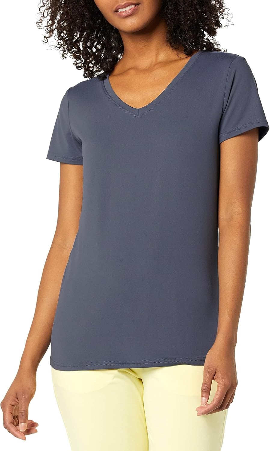 image:imageAmazon Essentials Womens Active Quick Dry Tech Stretch ShortSleeve VNeck TShirt MoistureWicking Pack of 2Lime GreenSlate Grey