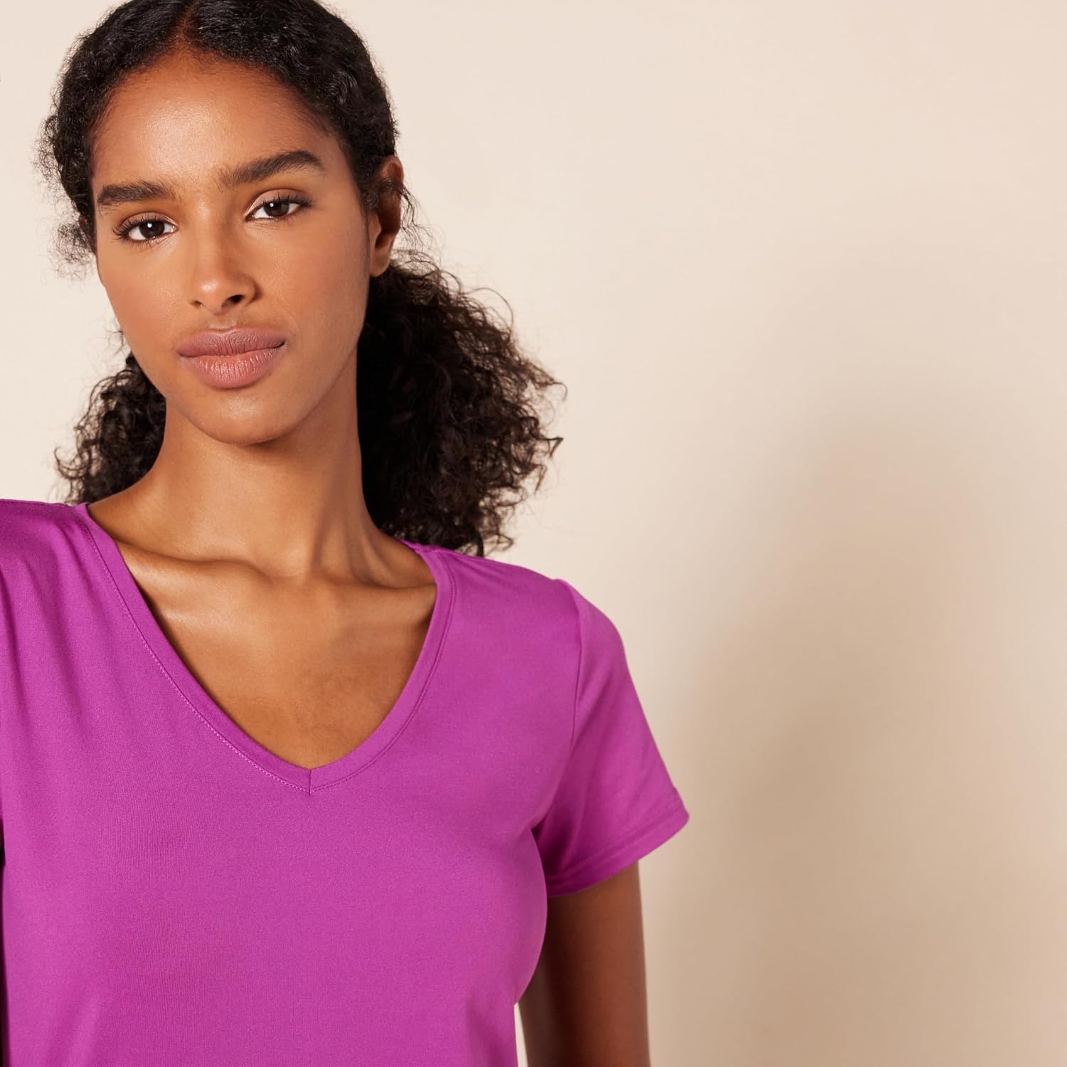 image:imageAmazon Essentials Womens Active Quick Dry Tech Stretch ShortSleeve VNeck TShirt MoistureWicking Pack of 2NavyOrchid Purple