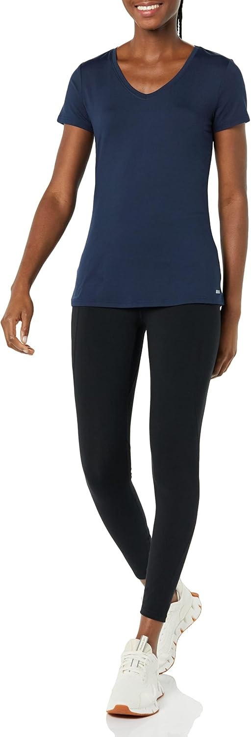 image:imageAmazon Essentials Womens Active Quick Dry Tech Stretch ShortSleeve VNeck TShirt MoistureWicking Pack of 2NavyWhite Tie Dye