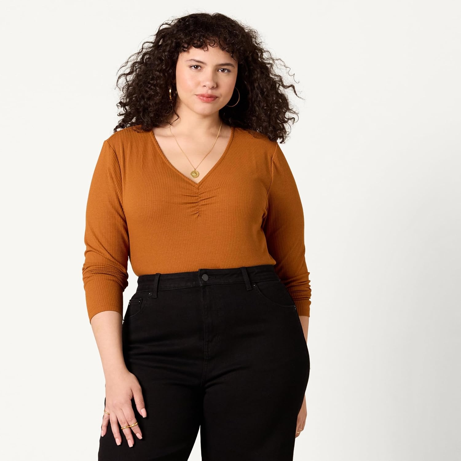 image:imageAmazon Essentials Womens Cinched VNeck Long Sleeve SlimFit RibKnit Stretchy TShirt Pack of 2BlackCaramel