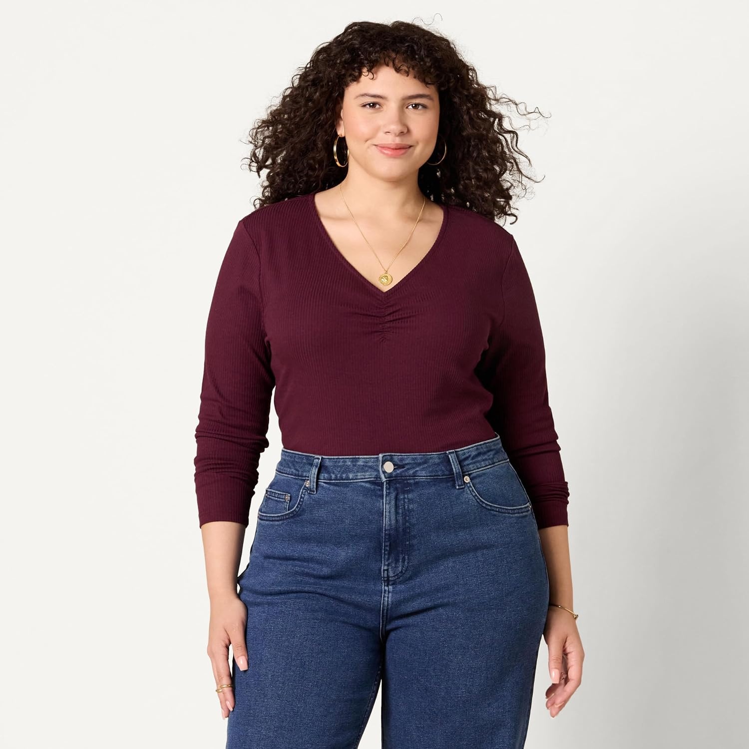 image:imageAmazon Essentials Womens Cinched VNeck Long Sleeve SlimFit RibKnit Stretchy TShirt Pack of 2BurgundyEggshell White