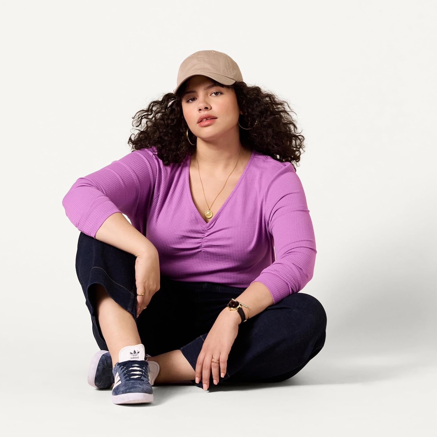 image:imageAmazon Essentials Womens Cinched VNeck Long Sleeve SlimFit RibKnit Stretchy TShirt Pack of 2PurpleWhite