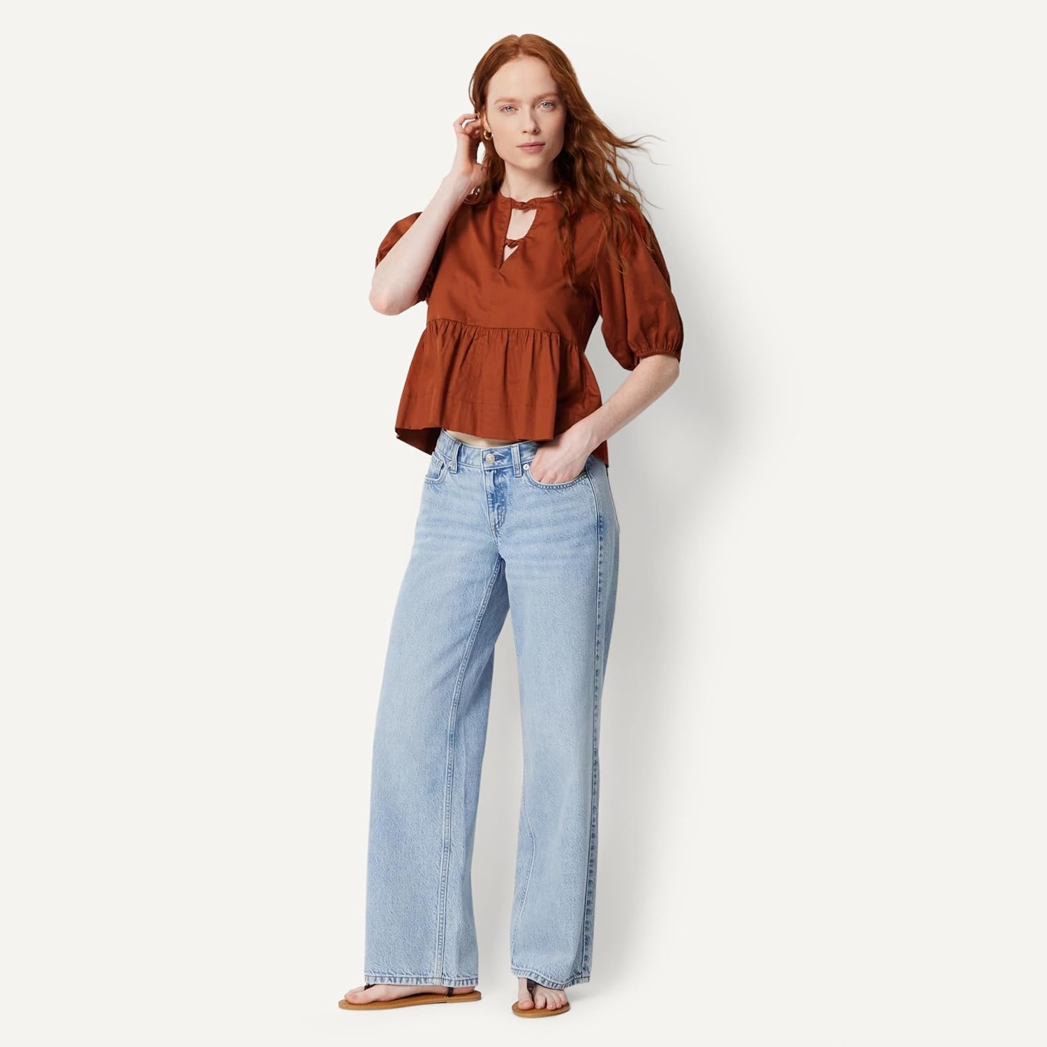 image:imageAmazon Essentials Womens Cotton Sateen RelaxedFit Peplum BlouseBrick Red