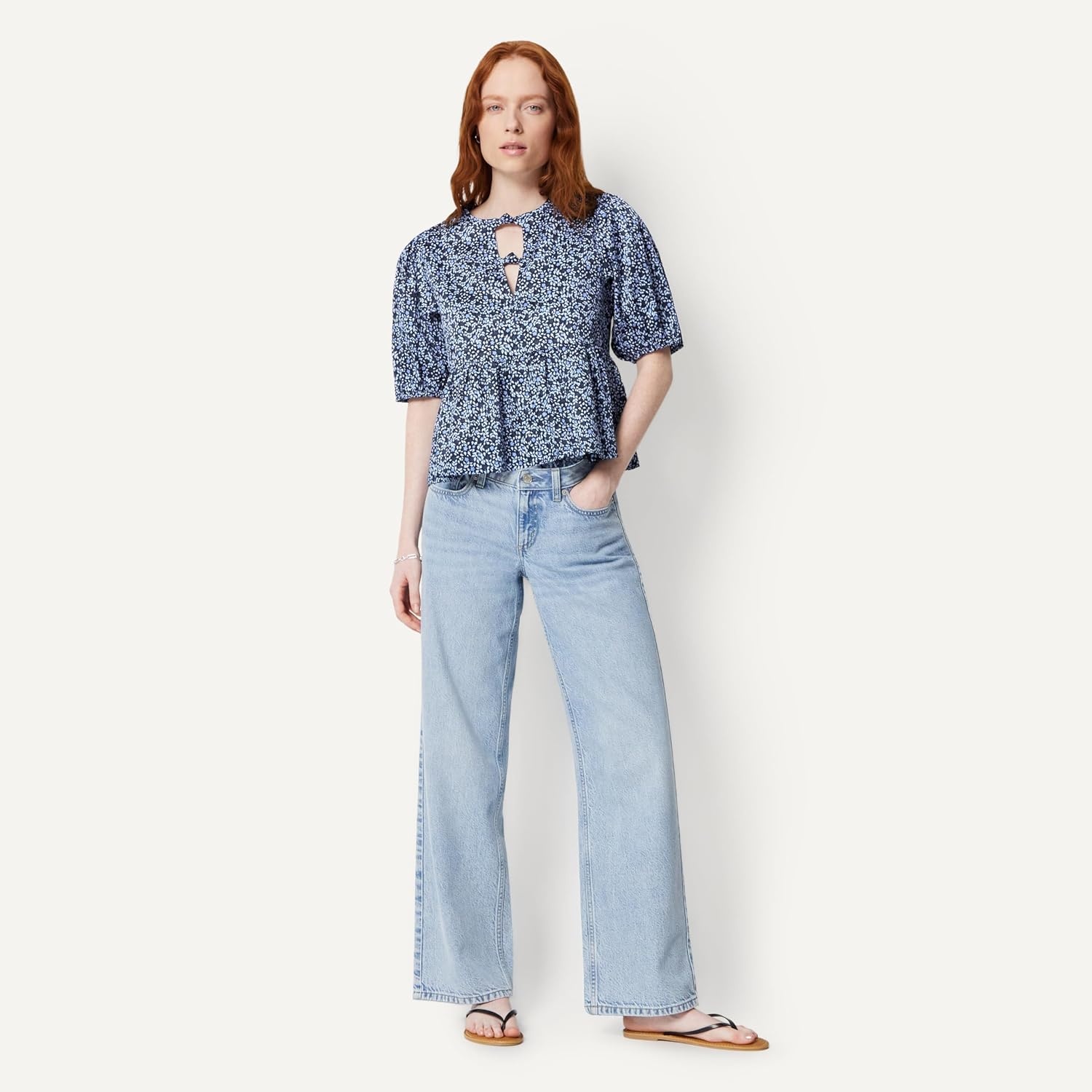 image:imageAmazon Essentials Womens Cotton Sateen RelaxedFit Peplum BlouseNavy Powder Blue Leafy Ditsy