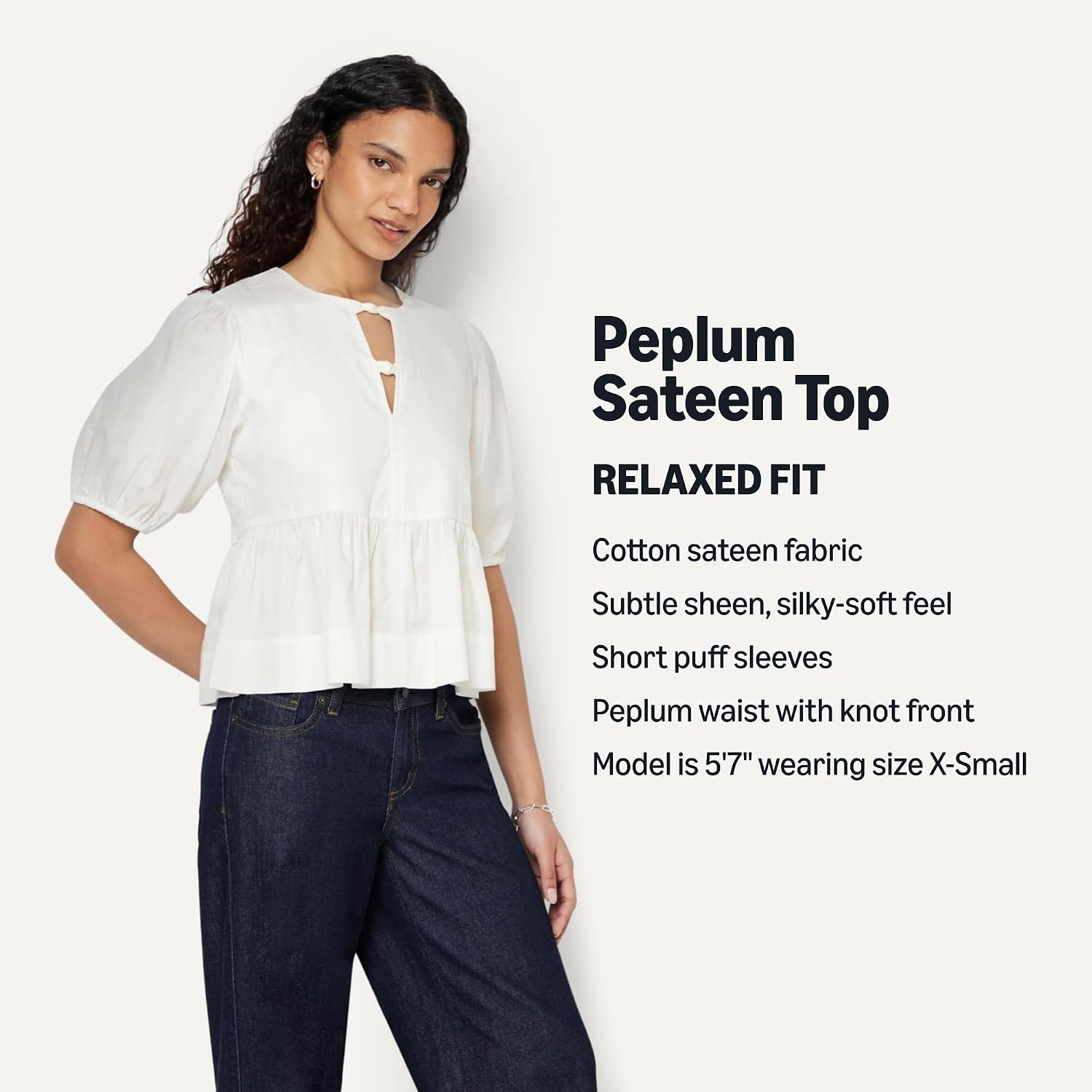 image:imageAmazon Essentials Womens Cotton Sateen RelaxedFit Peplum BlouseWhite