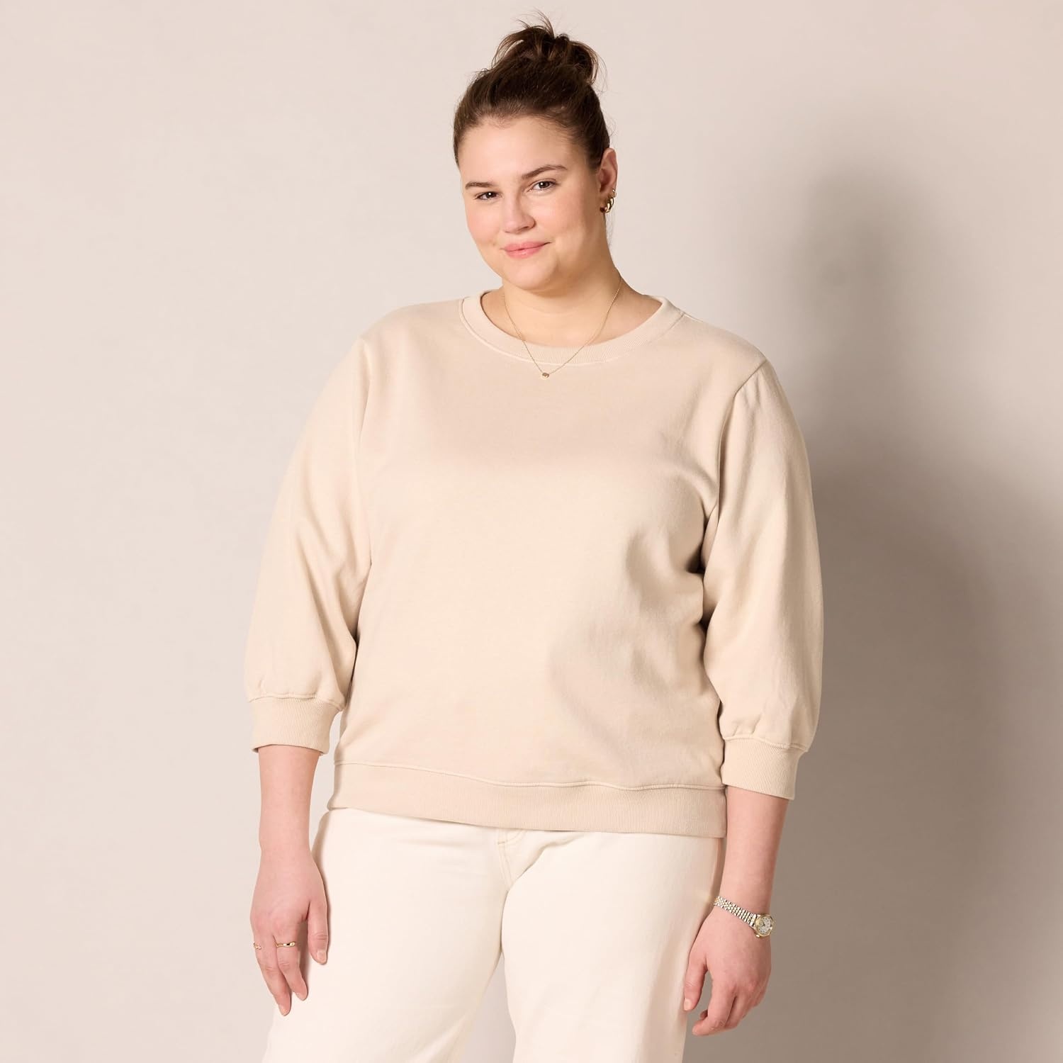 image:imageAmazon Essentials Womens French Terry Fleece Crewneck Sweatshirt with Sleeve Detail Three Quarter Sleeve Loose FitWarm Beige