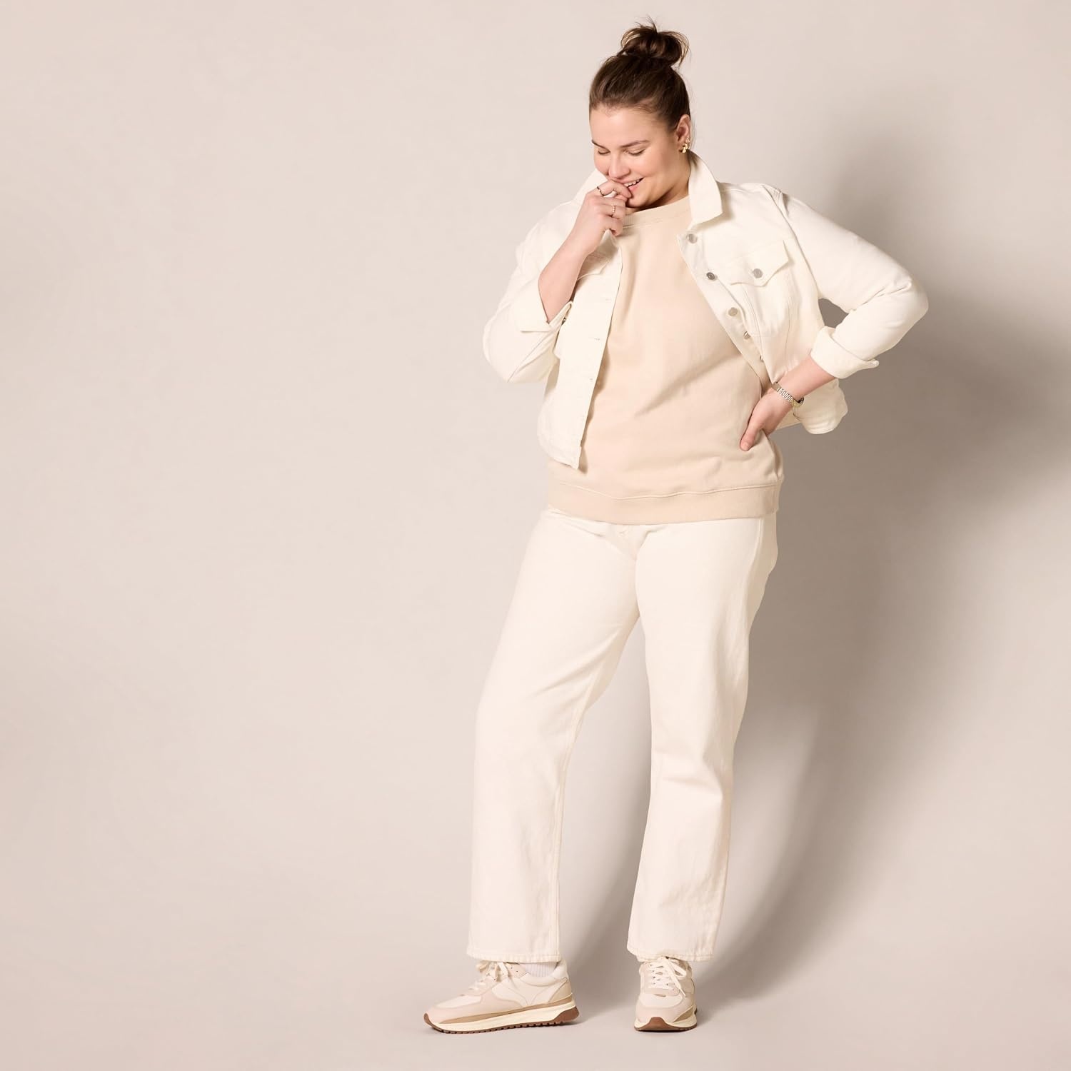 image:imageAmazon Essentials Womens French Terry Fleece Crewneck Sweatshirt with Sleeve Detail Three Quarter Sleeve Loose FitWarm Beige