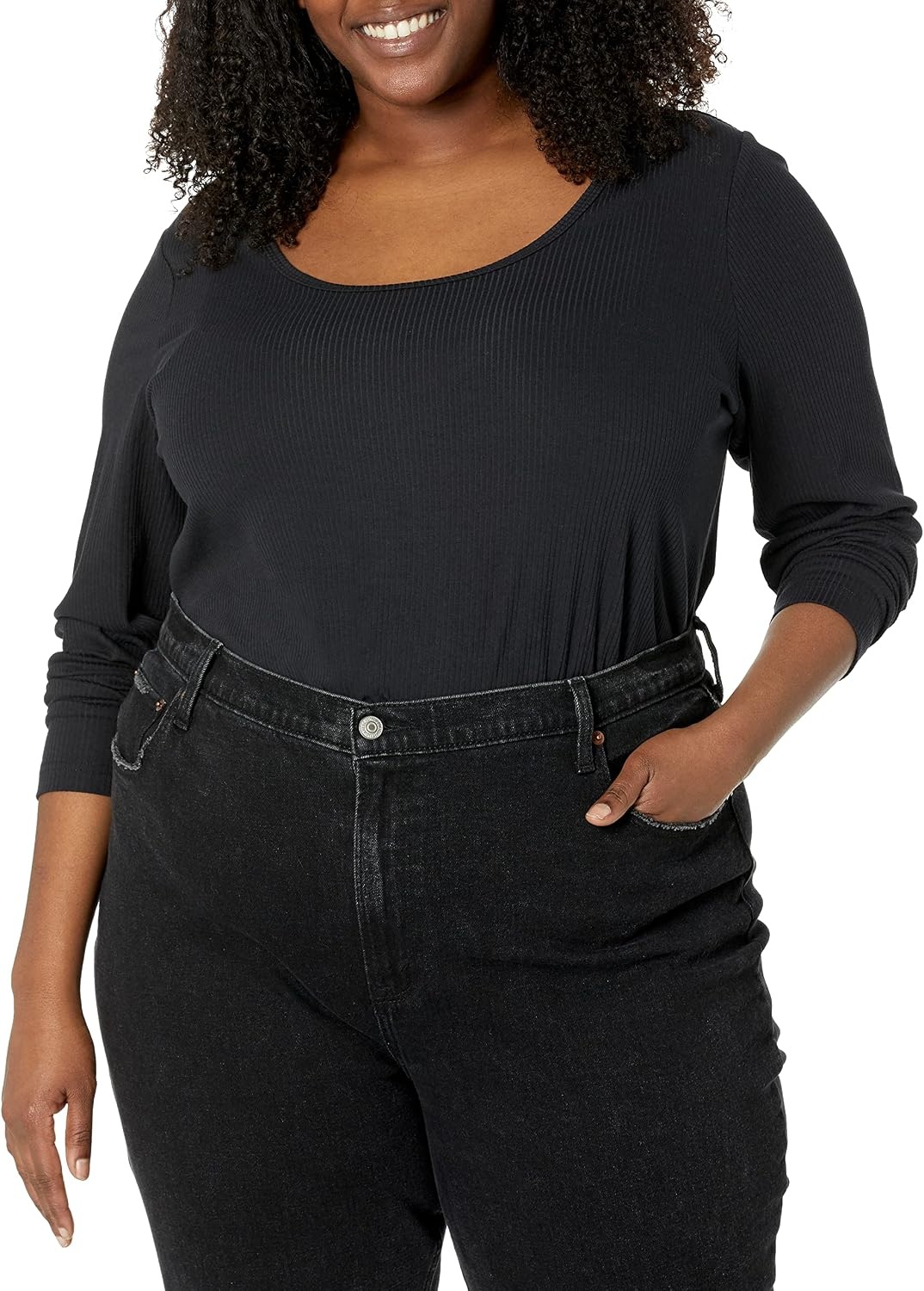 image:imageAmazon Essentials Womens Long Sleeve SlimFit Rib Scoop Neck Sweater Available in Plus Size Pack of 2Black