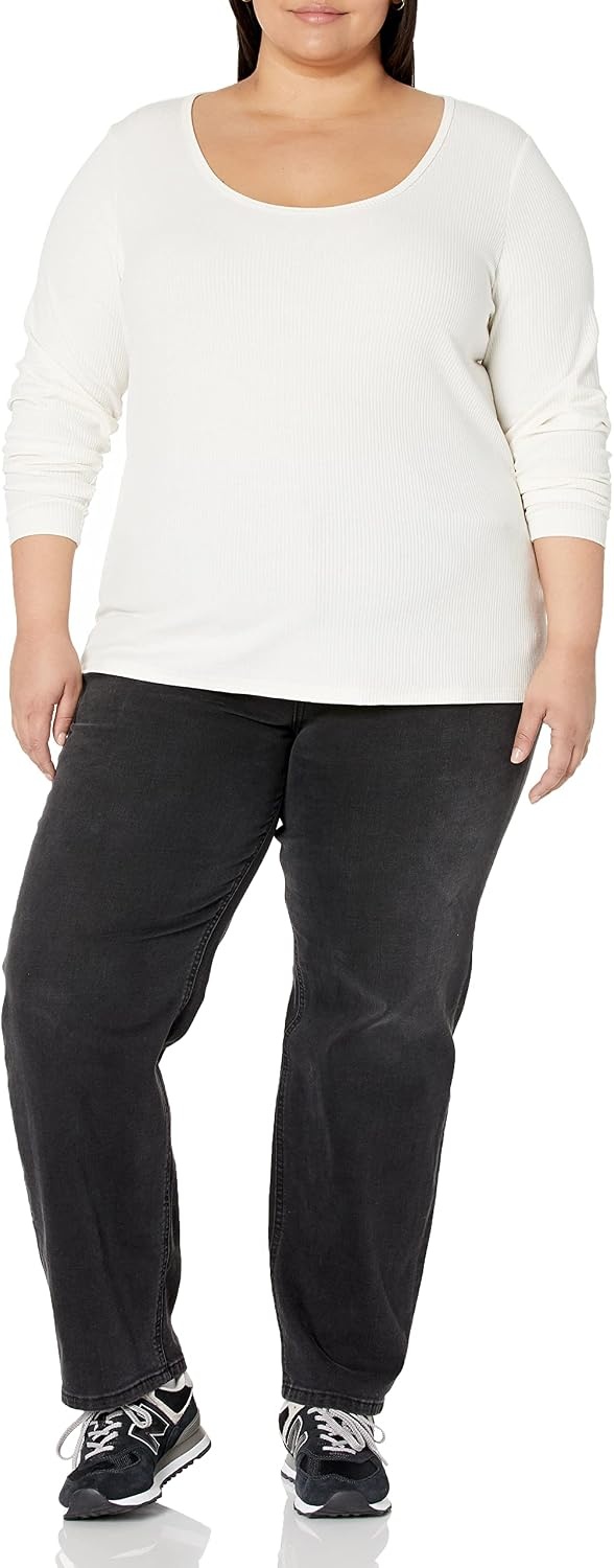 image:imageAmazon Essentials Womens Long Sleeve SlimFit Rib Scoop Neck Sweater Available in Plus Size Pack of 2BlackEggshell White