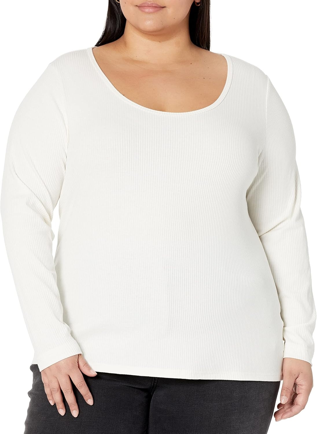 image:imageAmazon Essentials Womens Long Sleeve SlimFit Rib Scoop Neck Sweater Available in Plus Size Pack of 2Eggshell WhiteBlack