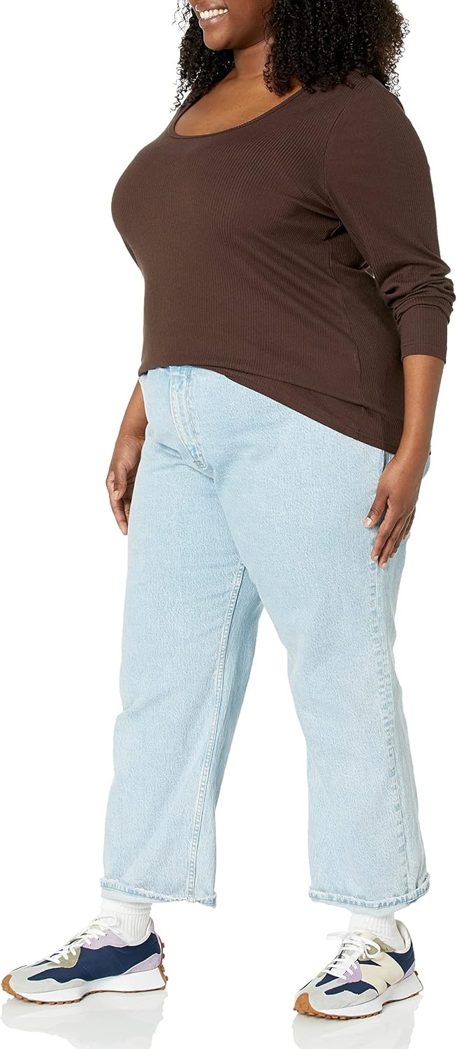 image:imageAmazon Essentials Womens Long Sleeve SlimFit Rib Scoop Neck Sweater Available in Plus Size Pack of 2Eggshell WhiteEspresso