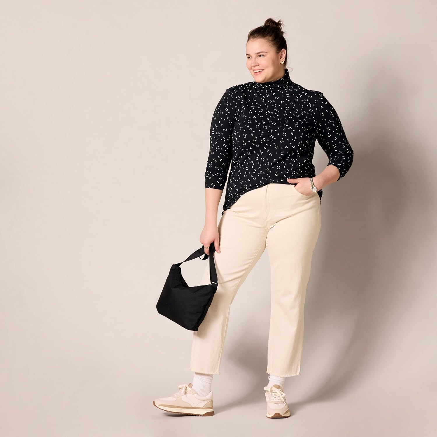 image:imageAmazon Essentials Womens LongSleeve Turtleneck Stretch Fleece Available in Plus SizeBlackWhite Tossed Leaf