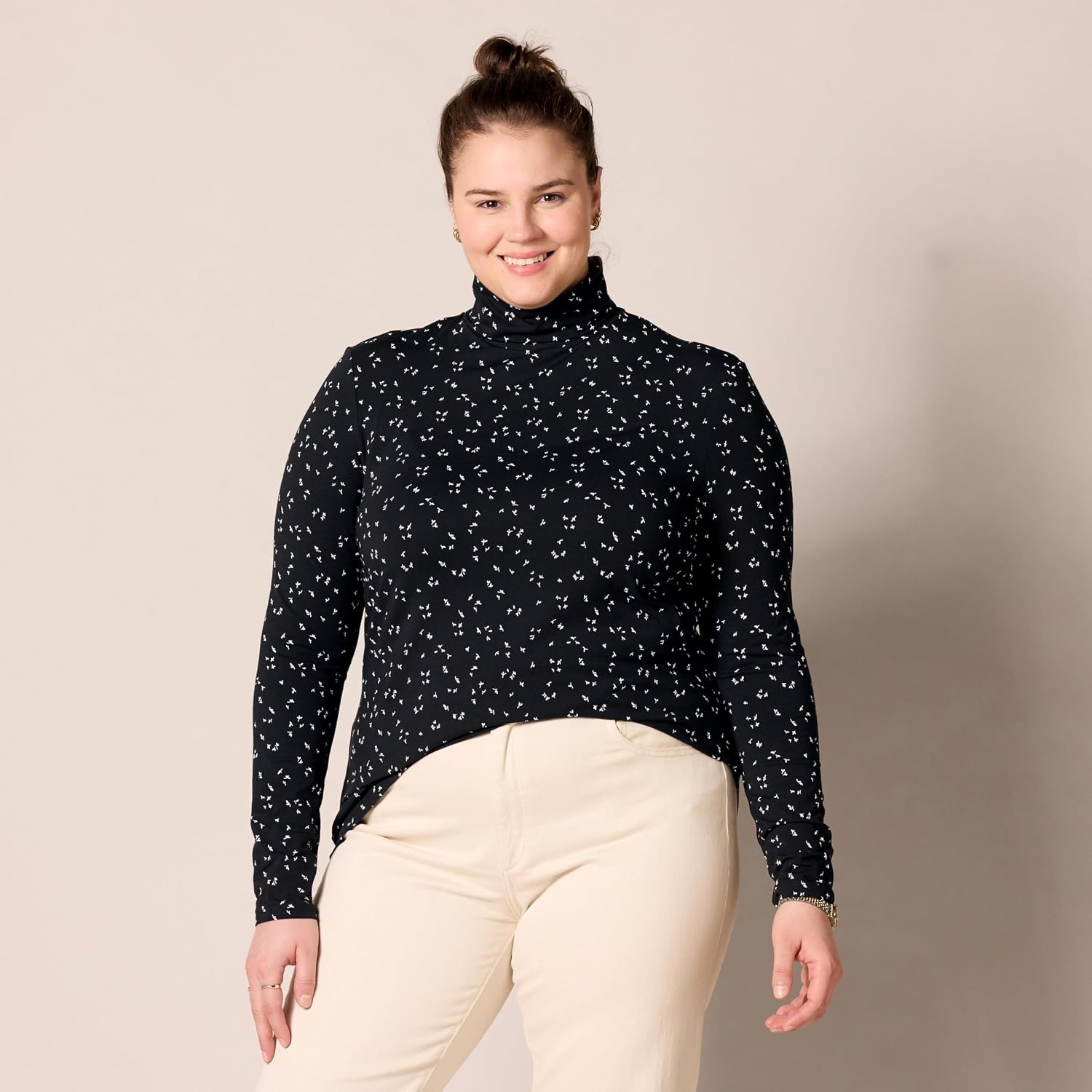 image:imageAmazon Essentials Womens LongSleeve Turtleneck Stretch Fleece Available in Plus SizeBlackWhite Tossed Leaf
